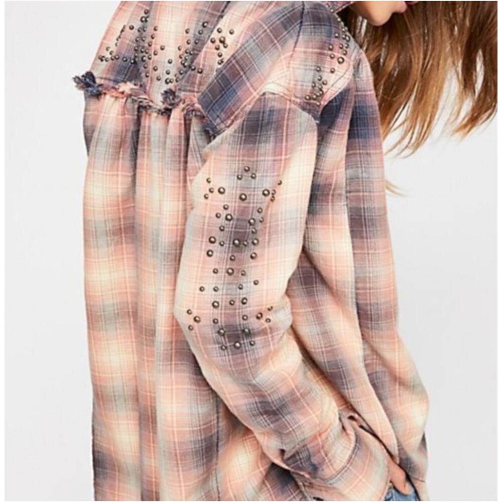 Free People Take On Me Checked Shirt Women XS Plaid Studded Grunge Boho Western